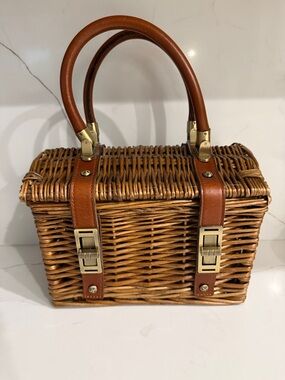 Patricia Nash Woven Rattan Handbag with Brown Leather Handles